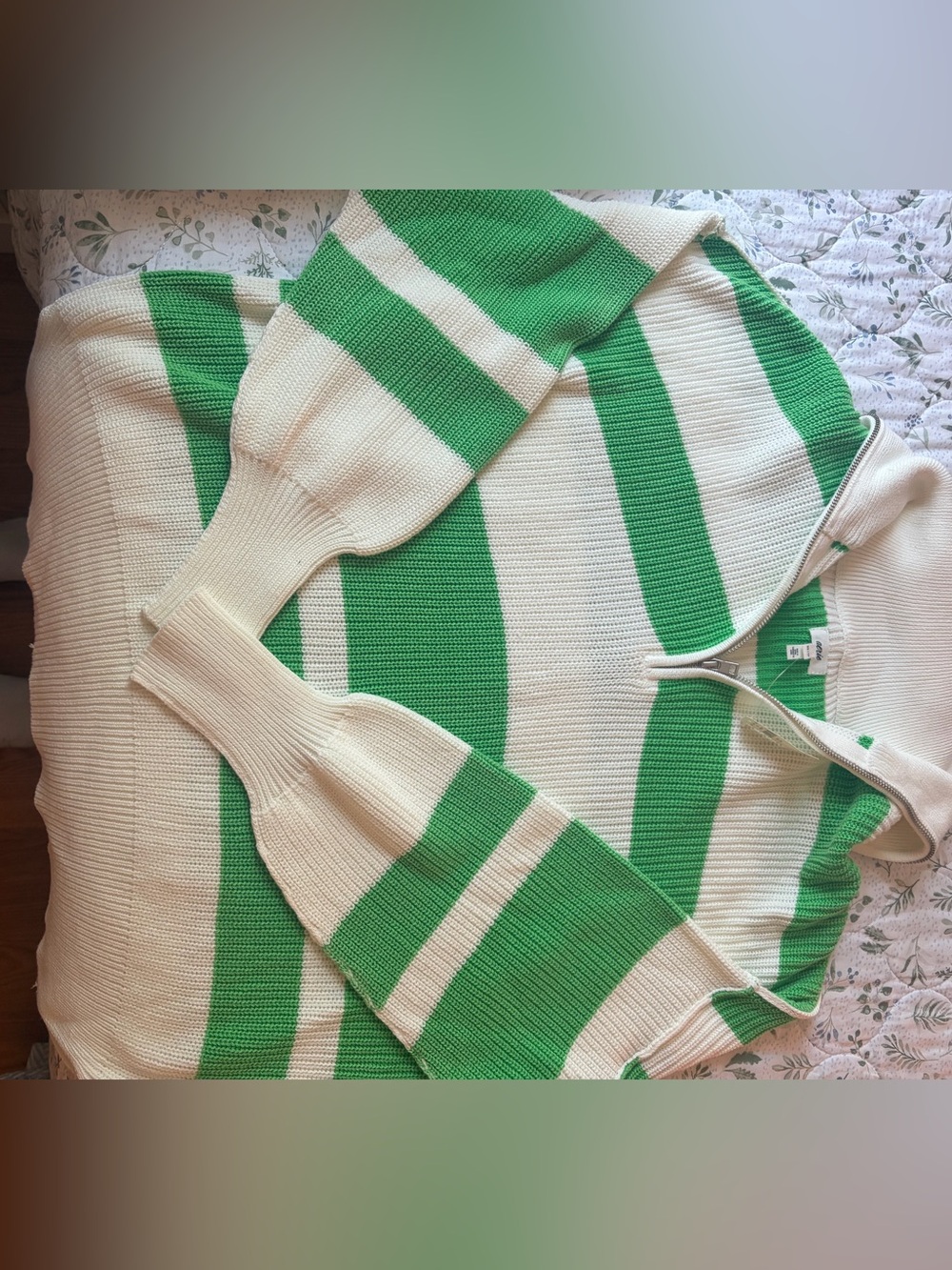 aerie Green and Cream Striped Half-Zip Sweater